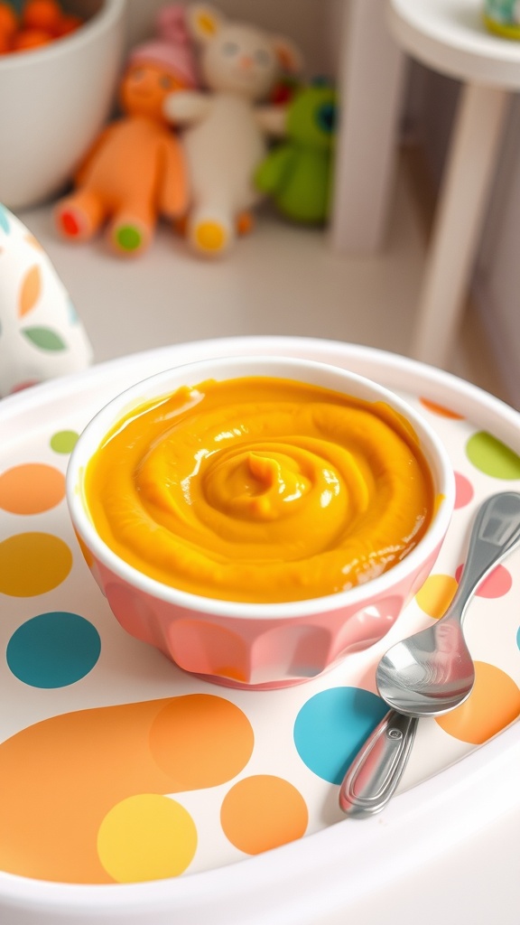 Smooth vegan baby food made from sweet potatoes and peas in a cheerful bowl, with a spoon on a high chair tray.